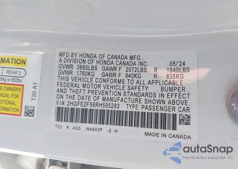 2024 Honda Civic Sport z USA, uszkodzony, nr VIN 2HGFE2F56RH585283